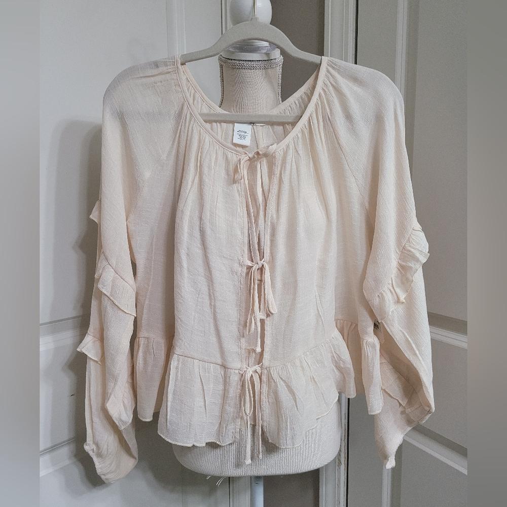 Altar'd State Cream Open Front Tie Ruffle Blouse - Picture 2 of 5